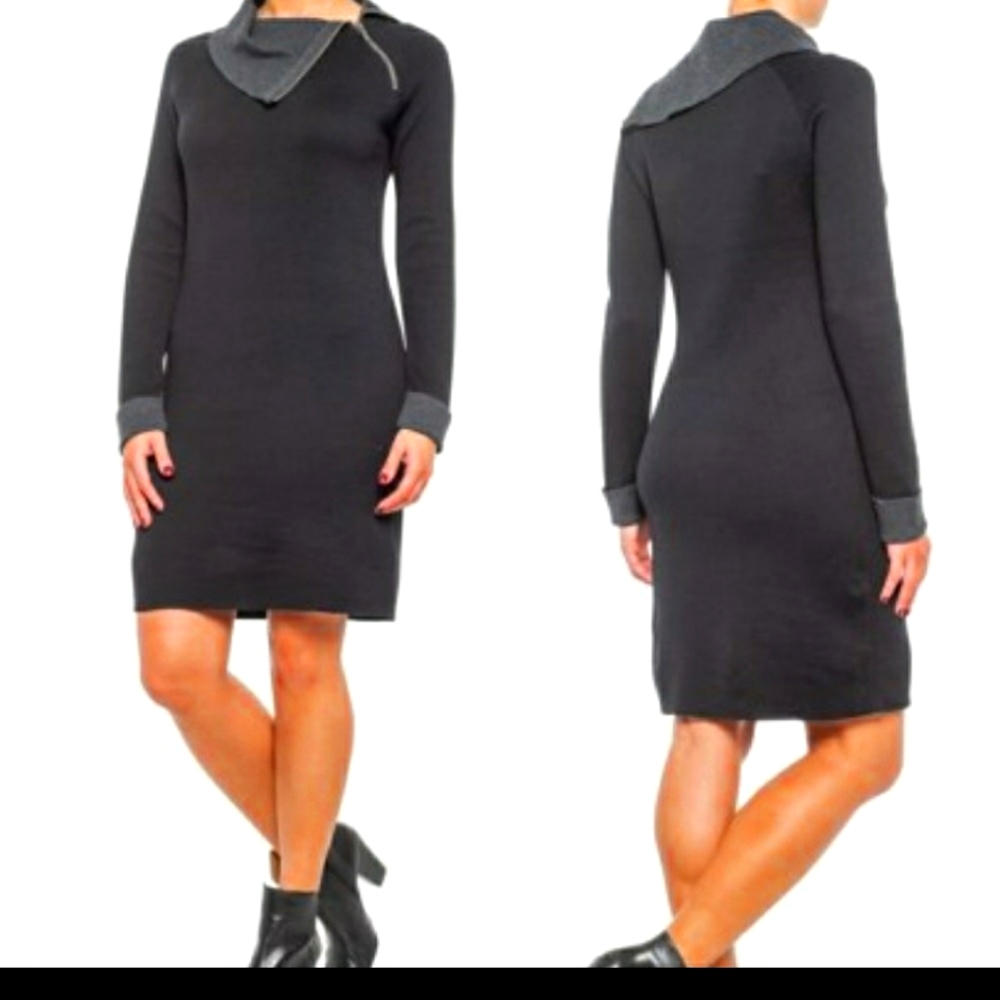 Cynthia Rowley Black and Grey Sweater Dress Cowl Neck with Zipper Size Large